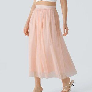 Halara Pink Hi Waist Mesh Overlay 2 in 1 Flowy Midi Flare Skirt NWT Small